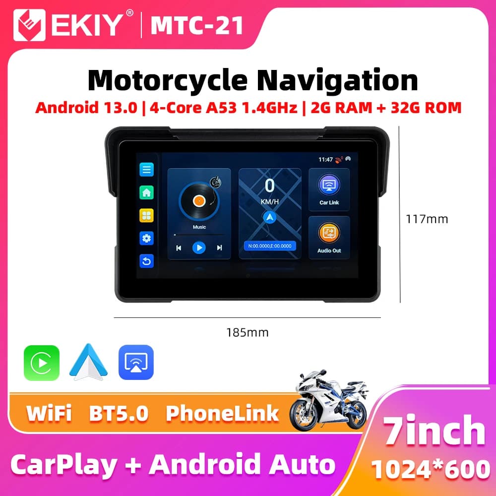 EKIY 7.0" Wireless CarPlay Moto Android Auto Android 13.0 Portable Digital Motorcycle Dashboard GPS Navigation Display Screen