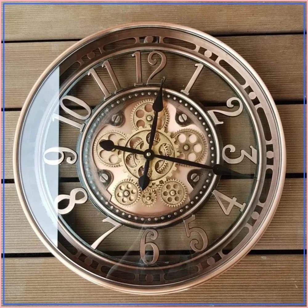 21" Moving Gears Wall Clock, Large Metal Farmhouse Decor, Copper Numeral, Silent Quartz, Gift