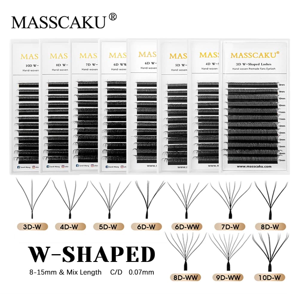 MASSCAKU Fabbrica All'ingrosso C D Curl Capelli sintetici W Stile Ciglia Effetto 3D Tessuti a mano Forma W Premade Volume Ventole Ciglia in magazzino