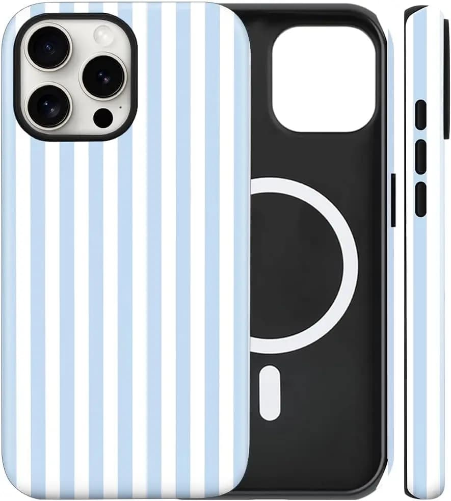 Custodia Magnetica per iPhone 13/14 con Strisce Carine, Cover Antiurto Sottile in TPU e PC Compatibile con MagSafe, Blu e Bianca