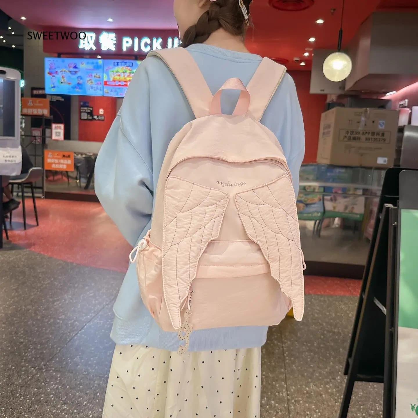 Women Pink Angel Wings Rucksack Quilted Wing Embroidery Lightweight Nylon Casual School Daily Travel Backpack