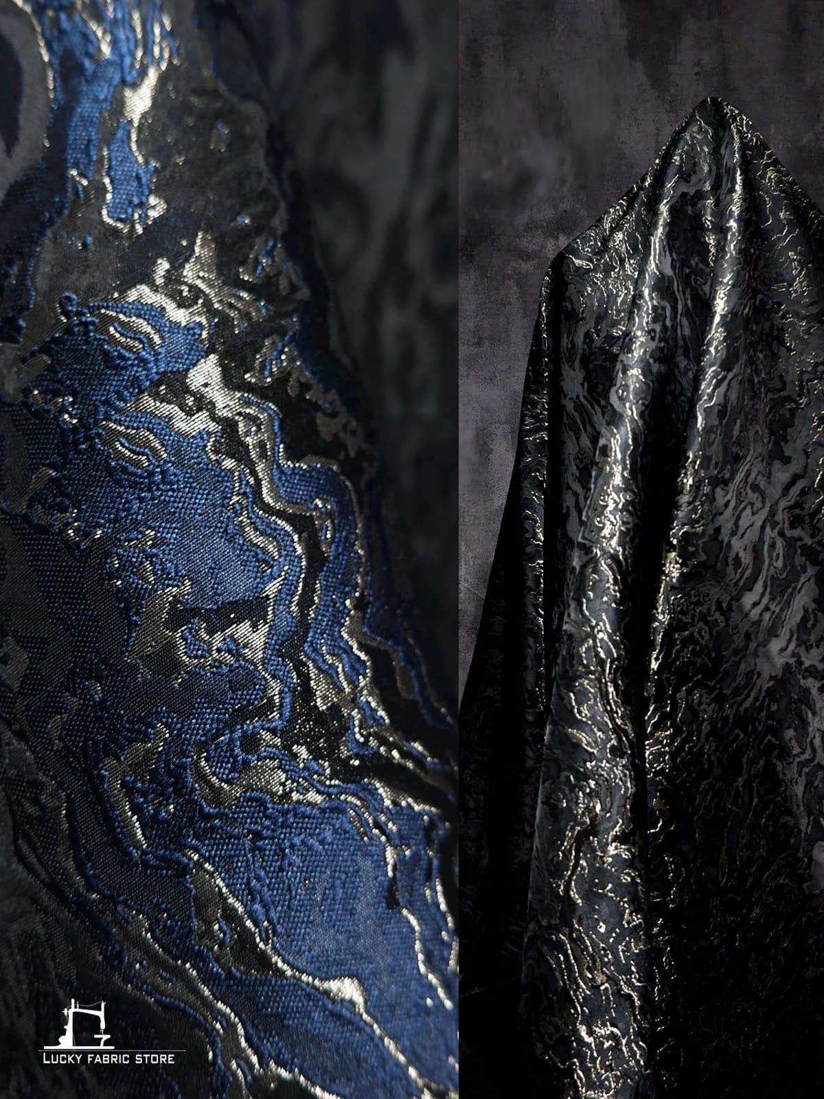 Tessuto per abbigliamento jacquard Hanfu in stile cinese con ondulazione di roccia lavica bifacciale blu e oro, tessuto firmato