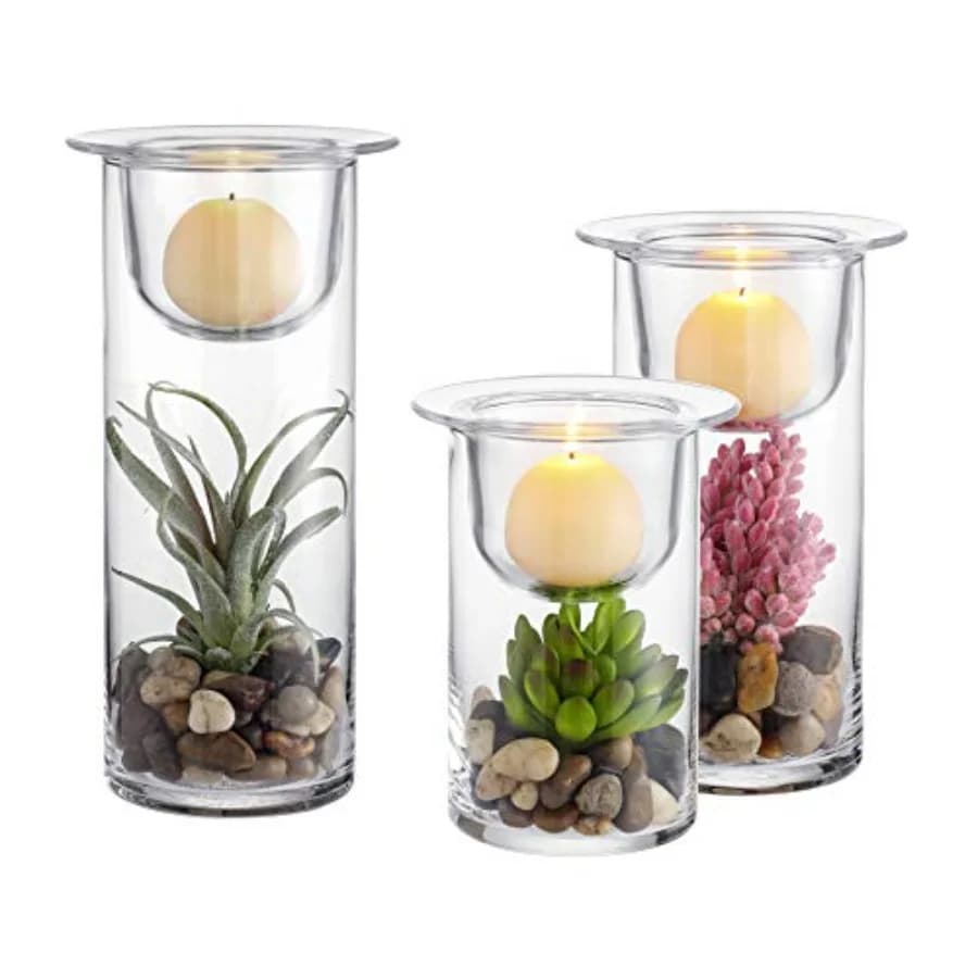 Set di 3 Portacandele Cilindrici in Vetro con Piante Succulente Artificiali e Pietre Decorative, Centrotavola per Candele Hurricane