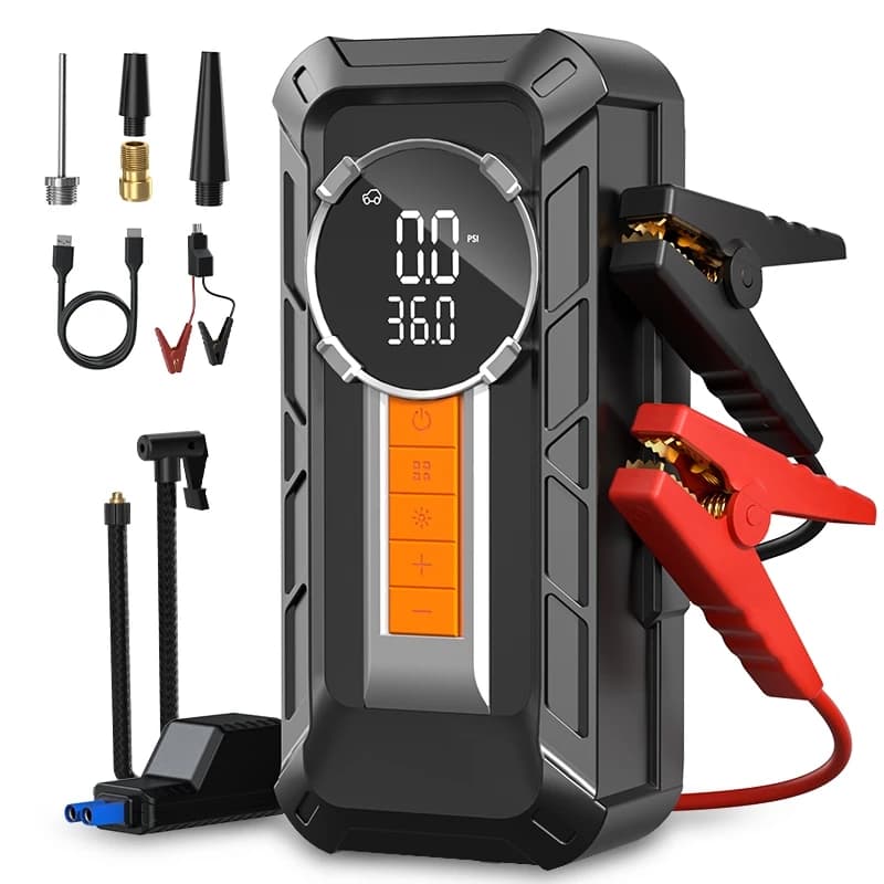 Avviatore di Emergenza Digitale con Gonfiatore Pneumatici e Monitor Pressione Gomme in ABS, Pressione Massima 150psi per Veicoli e Moto