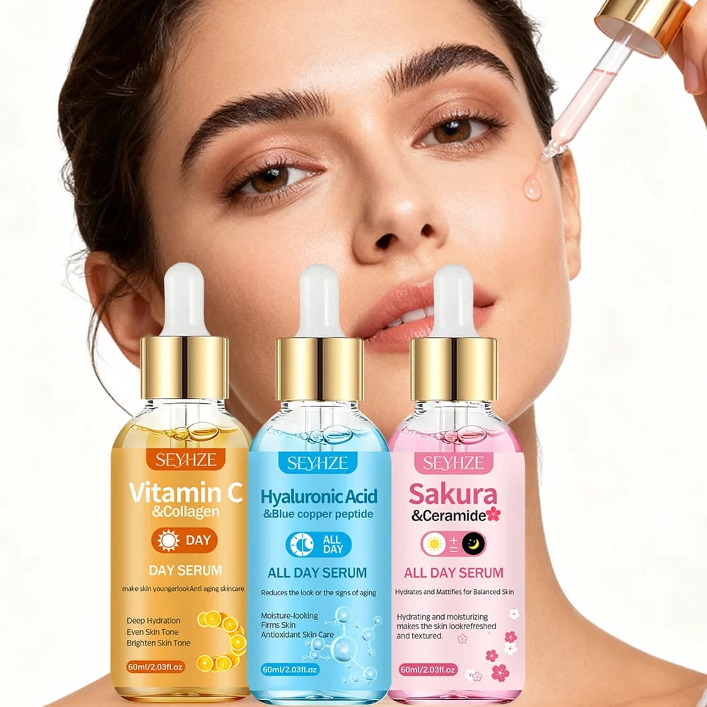 SEYHZE Set Triple Essence Action with Collagen, Vitamin C, Hyaluronic Acid and Cherry Flower Ceramides - Day and Night Treatment, 3 Included Pieces