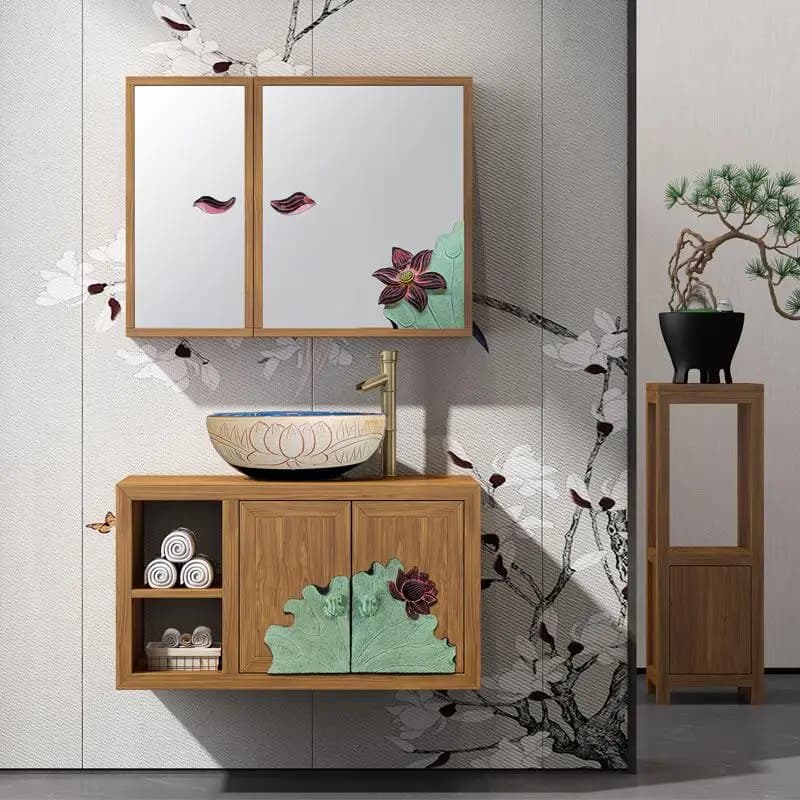 Solid wood bathroom cabinet mirror cabinet combination, bathroom wall-mounted washstand, face wash basin cabinet