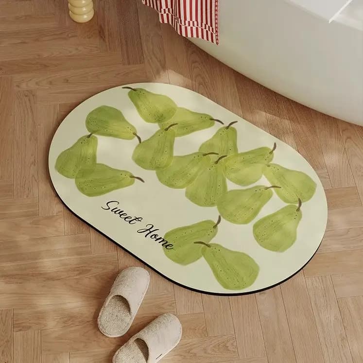 VIKAMA Cute Pink Strawberry Oval Bath Mat Non Slip Washable Absorbent Floor Rug Sweet Cartoon Bedroom Bathroom Decor Mat