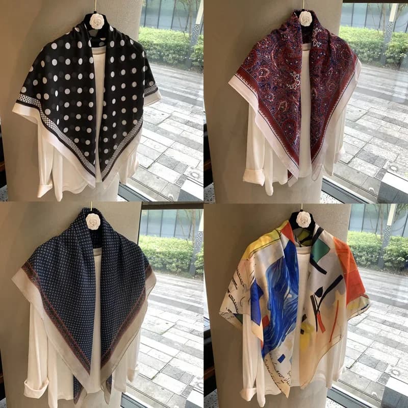 Vintage Polka Dot Printed Light and Thin Scarf Cotton Feel Square Scarf Sunshade Shawl Headscarf Belt Scarf Silk Scarf