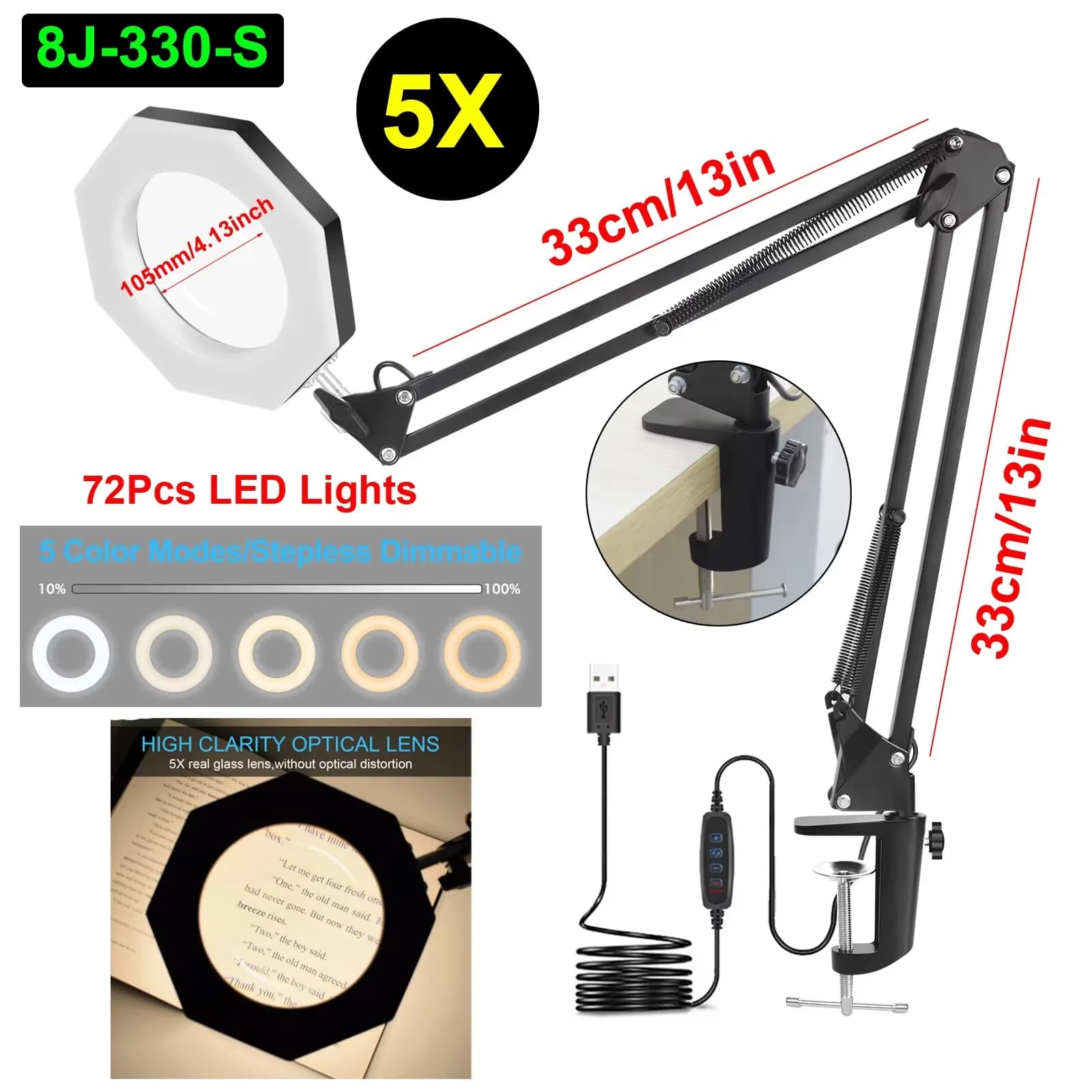 NEWACALOX 5X magnifying glass with light Flexible swan neck LED desk lamp 3 color modes Continuous dimmable magnification light