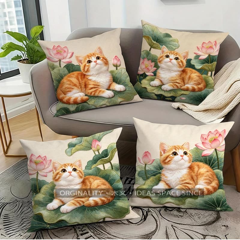 Fodere per cuscini quadrate con stampa di gatti arancioni e fiori di loto, adatte per divano, camera da letto, auto.