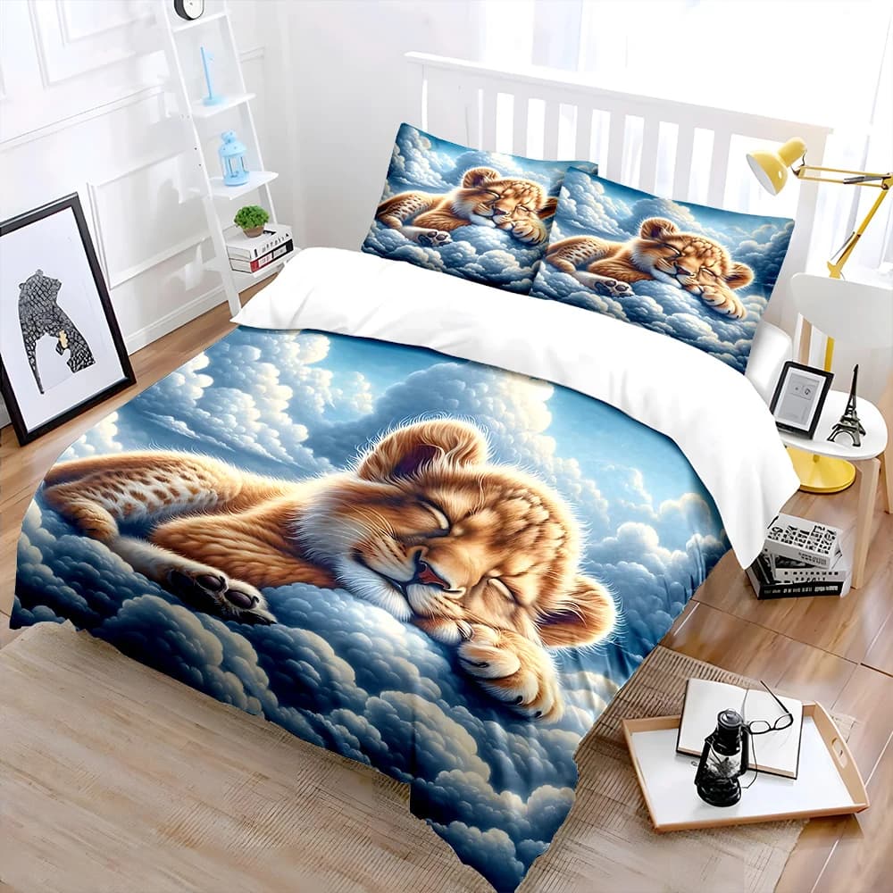 Set di biancheria da letto con stampa di un cucciolo di leone che dorme tra le nuvole, 1 copripiumino, 2 federe per adulti e bambini, regalo di lusso, misura completa
