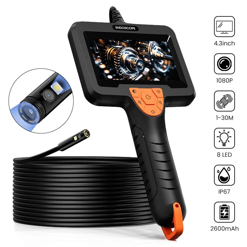 Hand-held Industrial Endoscope Camera with 4.3'' IPS Screen Borescope Dual 8mm 1080P Rigid Cable 2600mAh for Inspection Car