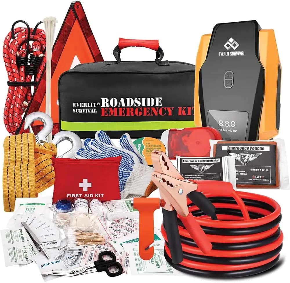 Kit di sicurezza per auto di emergenza con compressore d'aria, pronto soccorso, cavi jumper, cinghia di traino e torcia per tutti i driver