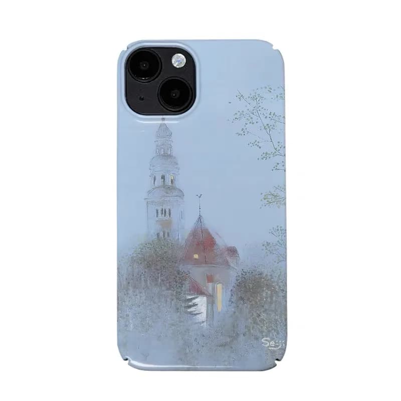 Blue Oil Painting Castle Case for IPhone 16E 15 14 13 Pro Max 12 Mini 11 Pro 16Plus XR Shockproof Protective Hard Acrylic Cover