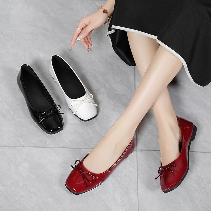 Scarpe basse semplici in pelle con tacco basso, estive, con fiocco alla francese, slip-on, da abbinare con gonna