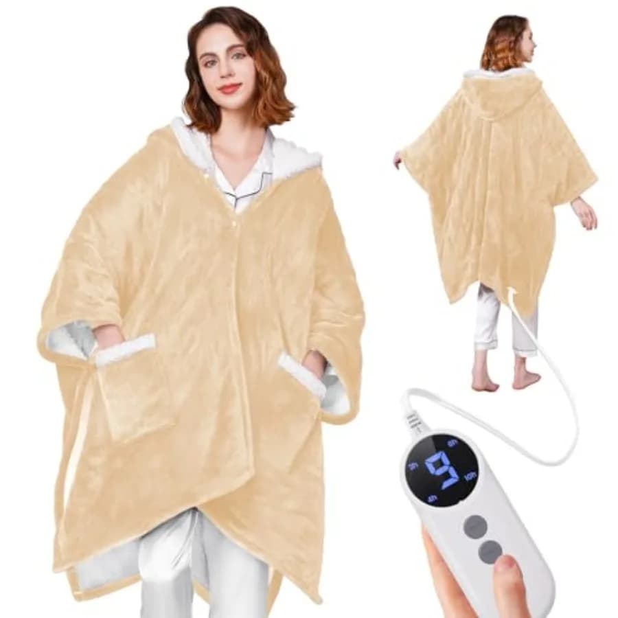 Coperta Riscaldante Indossabile - Regalo Accogliente per Donne, Mamme e Uomini - Accappatoio Elettrico Reversibile in Flanella e Sherpa con Tasche e Cappuccio, 9 Livelli di Calore
