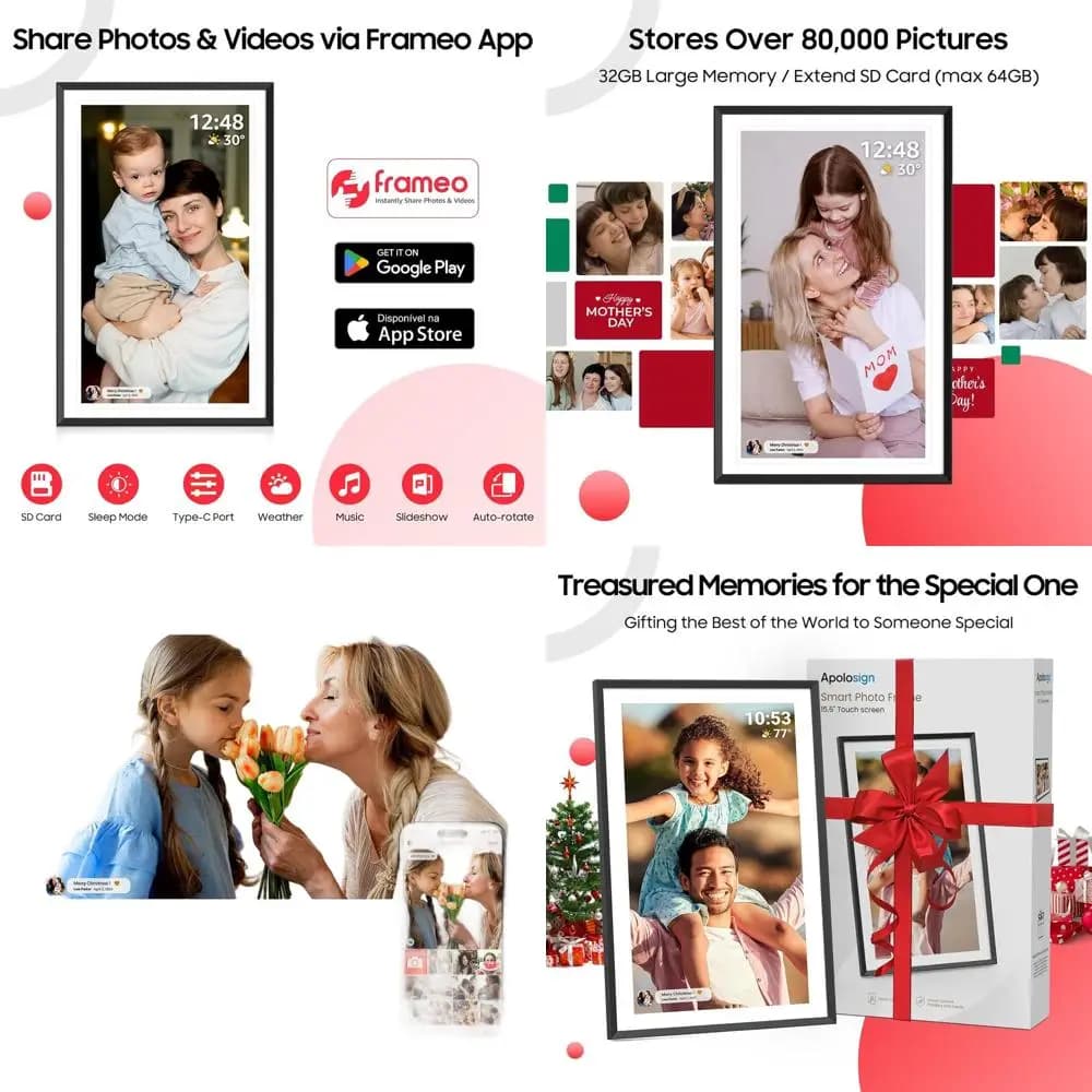 Cornice per foto digitale WiFi 15.6, touchscreen FHD 1080p, archiviazione da 32 GB, rotazione automatica, app Frameo per condivisione di foto istantanea