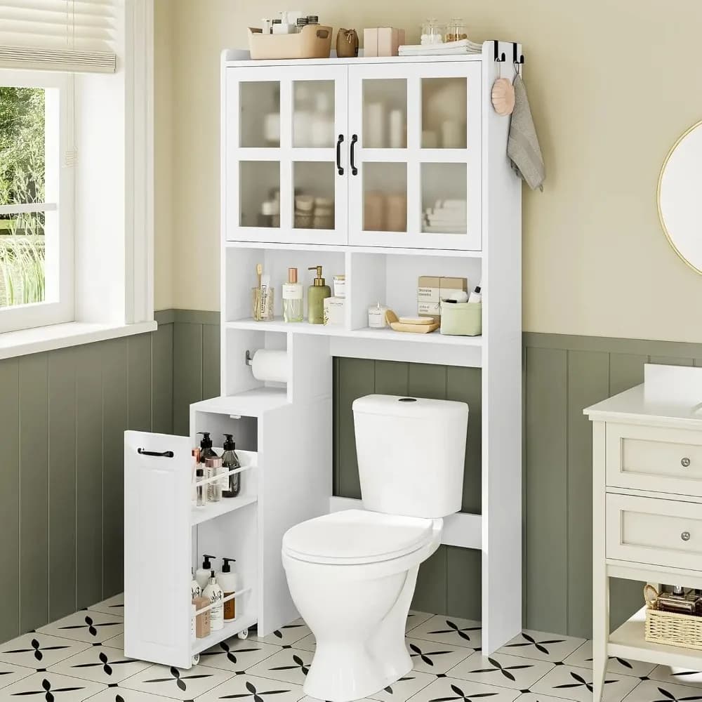 Mobiletto Salvaspazio da Bagno Sopra il WC con Ripiani Regolabili, Ante in Vetro e Sistema a Rulli - Organizzatore Salvaspazio per il Bagno