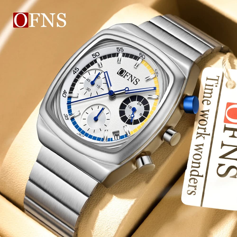 OFNS 1635 Luxury Sports Wrist Watch in Silicone and Steel with Bambooo Dial for Men, Waterproof, Relogio Masculino