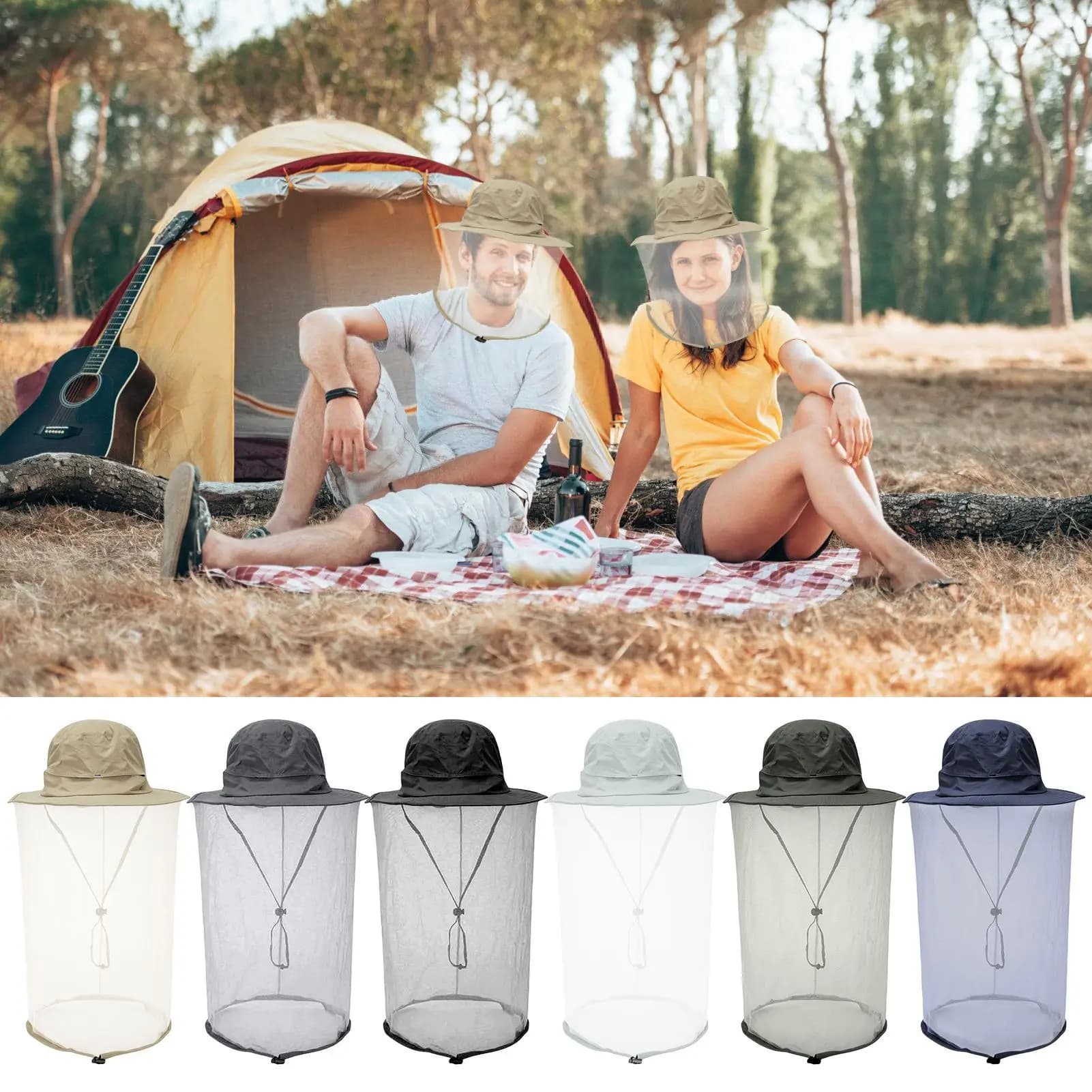 Cappello a rete per mosche Cappelli a secchiello per safari da sole con rete per la testa Protezione solare Copricollo traspirante con accessori da pesca con coulisse