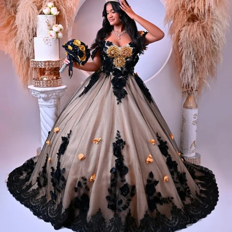 Abiti Quinceanera neri personalizzati con spalle scoperte fiore 3D di cristallo Tull Coda lunga Vestido 15 Quinceanera