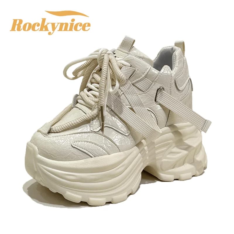9CM Women Chunky Sneakers New 2026 Spring Lace-up High Platform Shoes Breathable Leather Sport Shoes Wedge Heel Casual Dad Shoes