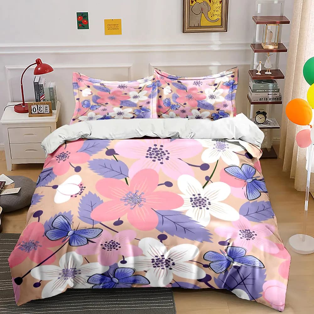 Set copripiumino con motivo di fiori colorati e farfalle blu, stampa digitale, biancheria da letto in poliestere colorato con chiusura a cerniera