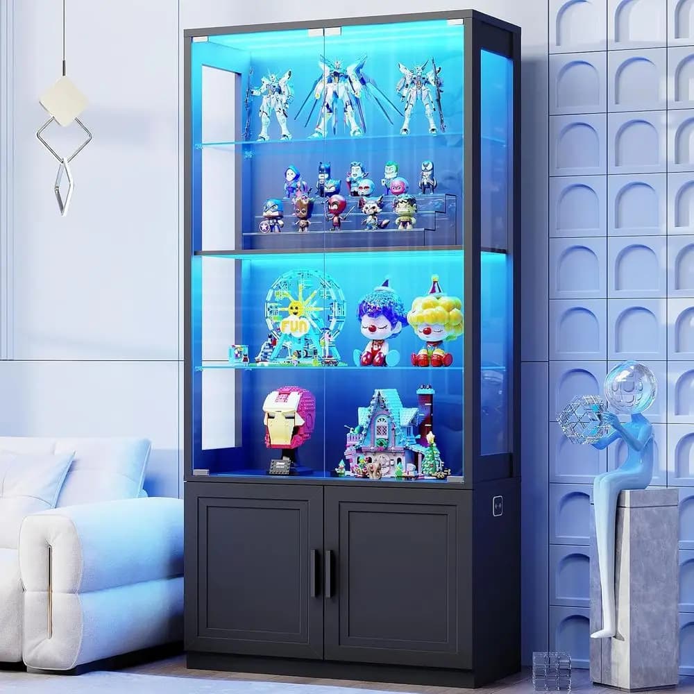 67 4-Tier Glass Display Cabinet with 2 Removable Shelves for Collectibles in Black