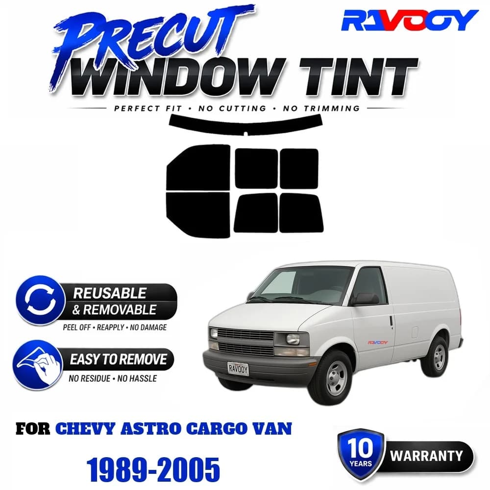 RAVOOY Precut Window Tint, Reusable Removable EPU Film, Custom Fit for Chevy Astro Cargo Van 1989-2005, UV Heat Protection