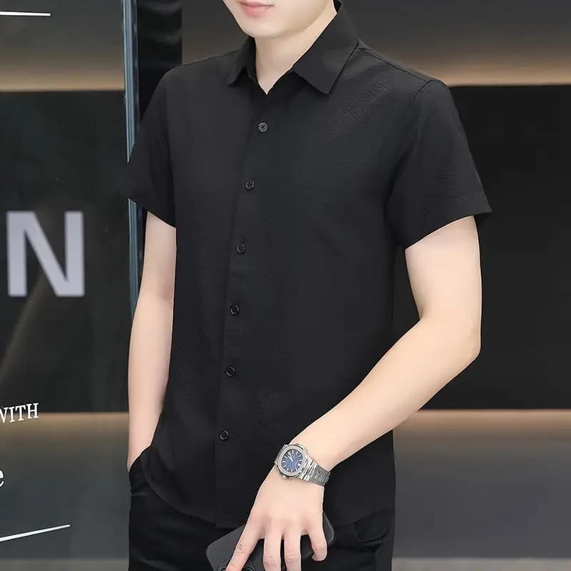 Men's Short Sleeve Textured Dress Shirt Slim Fit Casual Button Down Top