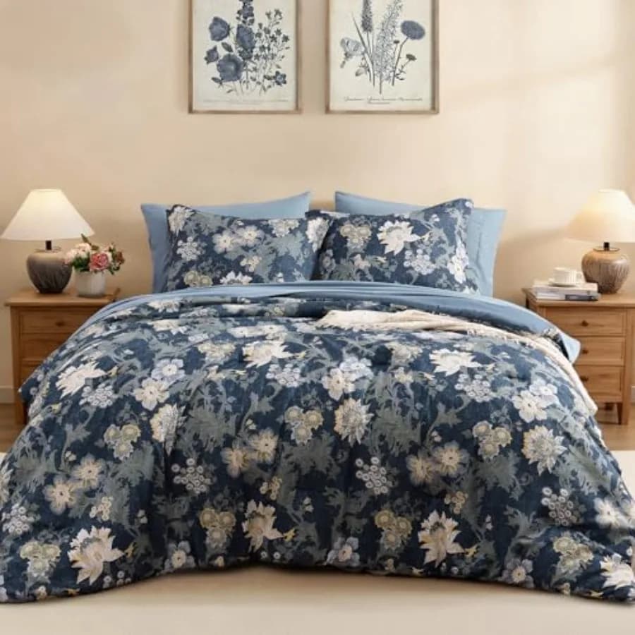 Comforter Set -7 Pieces Floral Comforter Set for All Seasons Bed in a Bag with Botanical Flowers Comforter Sheets Pillowcases a