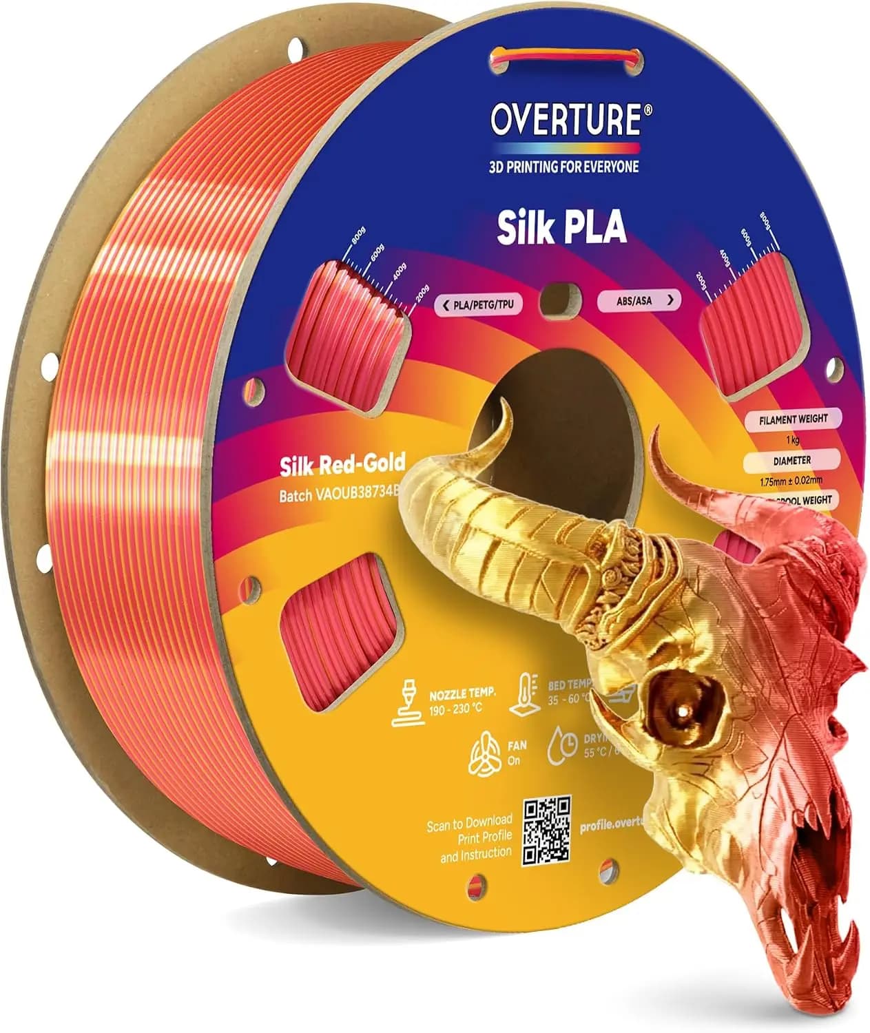 Dual Color Silk PLA Filament 1.75mm, Bi-Color Shiny Finish, 1kg Spool, Ideal for Cosplay Jewelry & Home Decor (Silk Red-Gold)