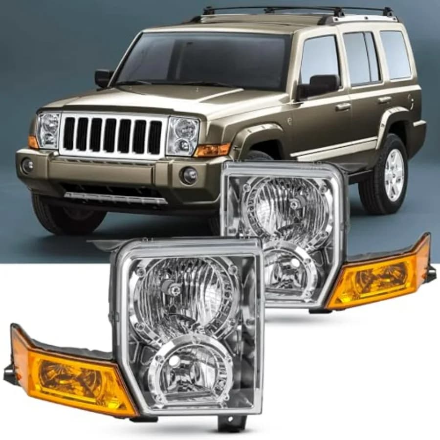 Gruppo Fari Anteriori Compatibile con Jeep Commander 2006-2010, Fari Alogeni Lato Guida e Passeggero, Neri, Funzionali e Durevoli