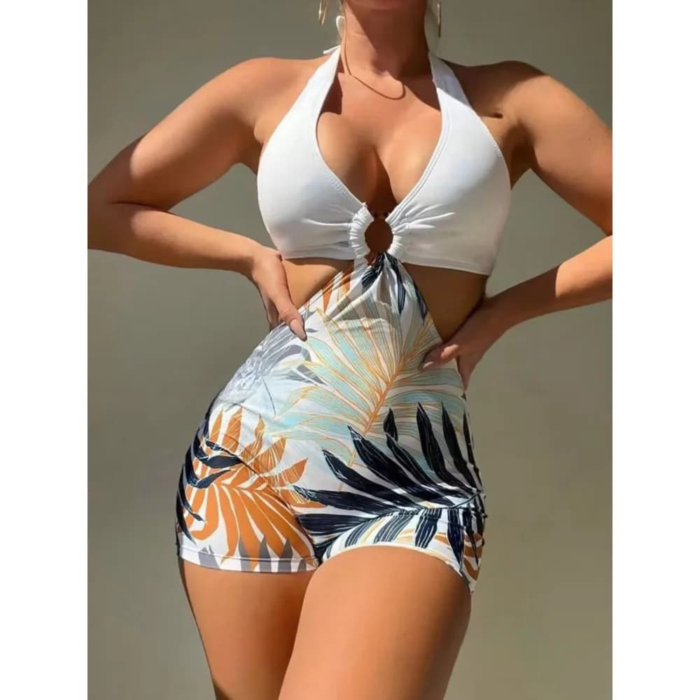 New Halter Women Boyleg One Piece Padded Swimsuit Sports Print Bodysuit Cut Out Bathing Swimming Suit Beach Wear Summer Monokini