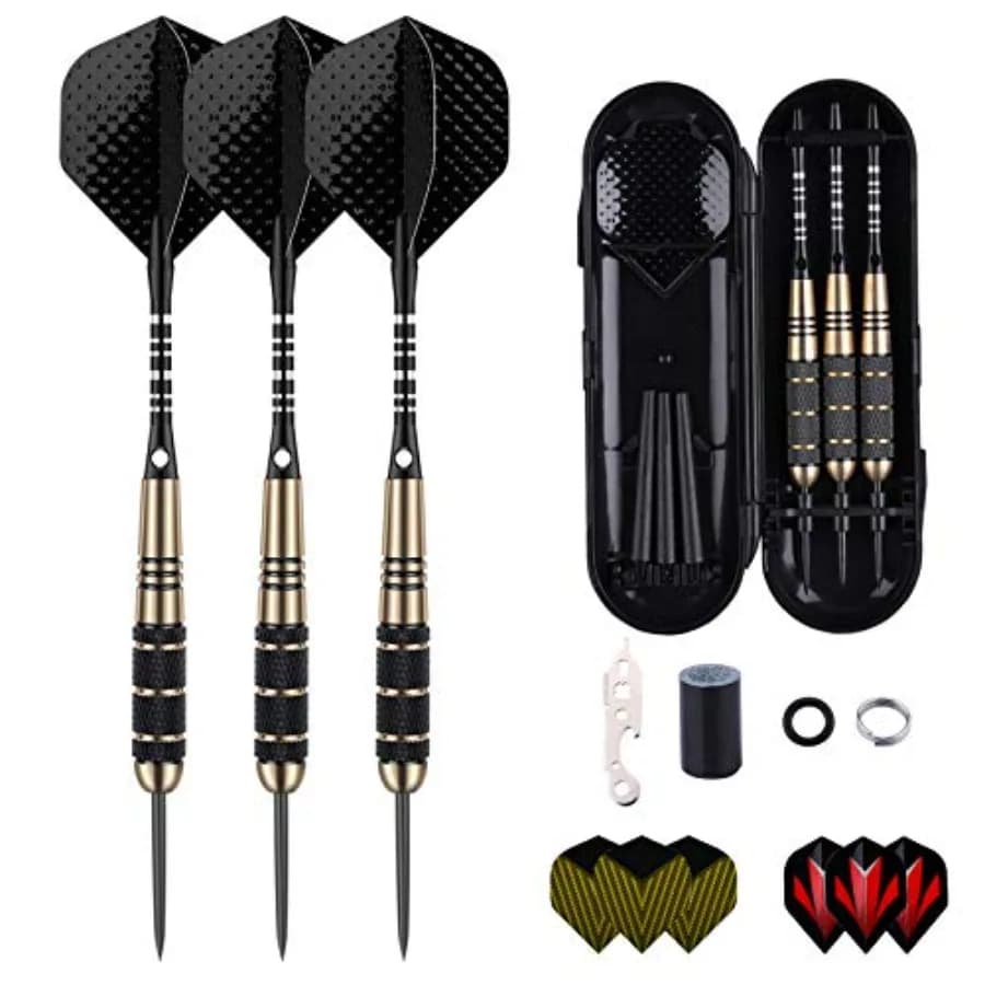 Steel Tip Darts Set for Dartboard, Professional Brass Darts Metal Tip Black Purple Aluminium Nylon Shafts 9 Flights 50 Rubber O