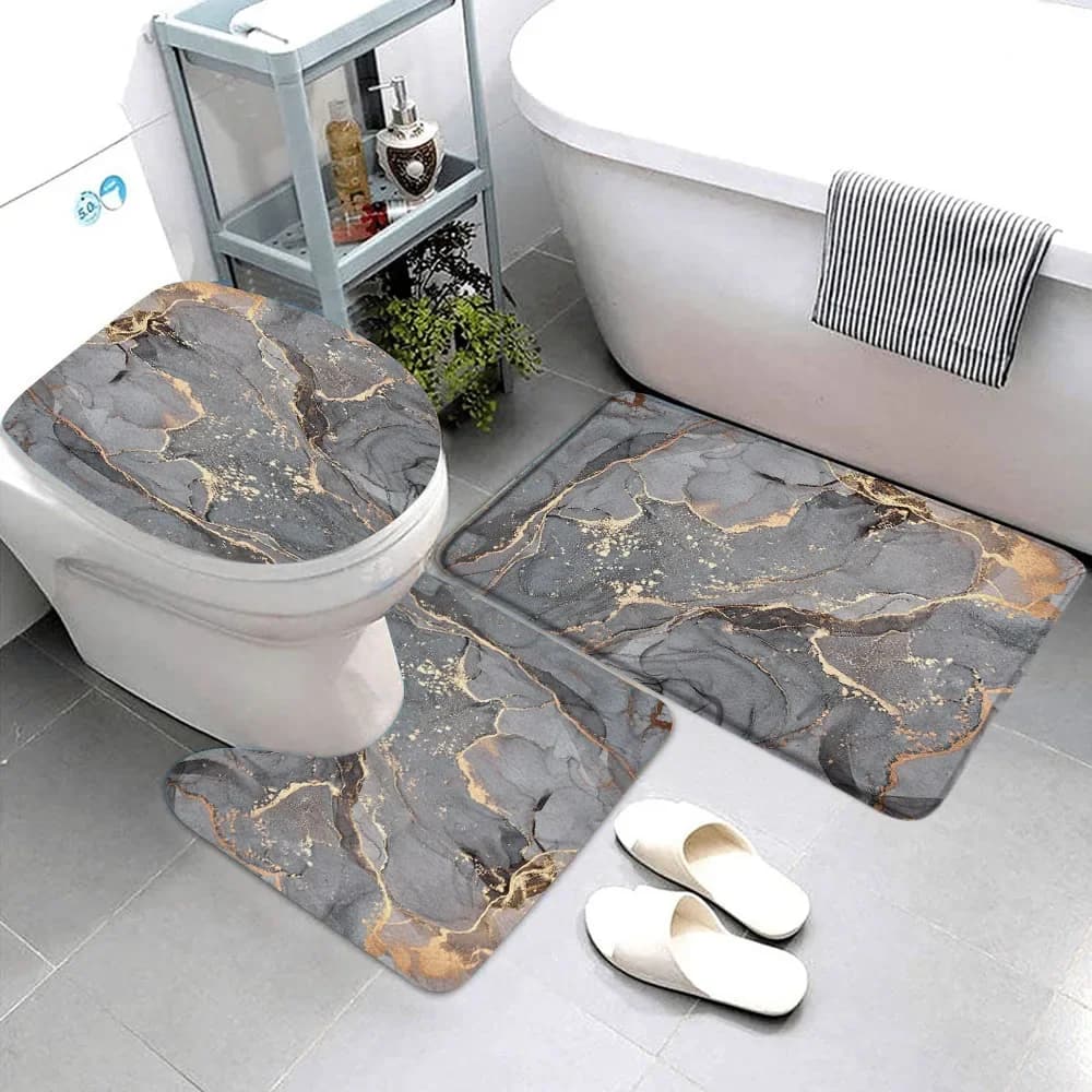 3 pezzi set tappetini da bagno in marmo nero linee grigio oro creativo astratto arte geometrica casa bagno porta tappeto antiscivolo coperchio WC tappetino