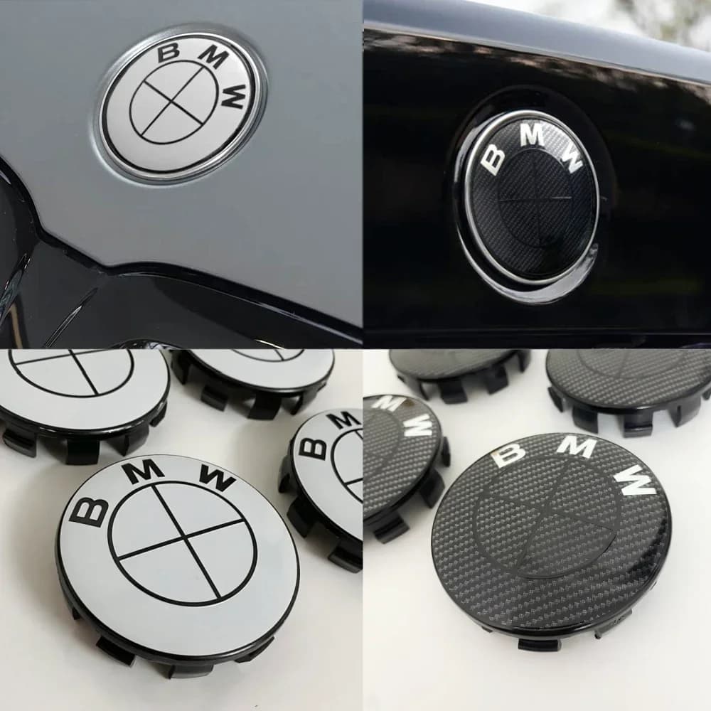 BMW Group New Logo Carbon Fiber Steering Wheel Cover Black White Pattern 45mm Diameter ABS Logo 74/82mm Hub 56/68mm Diameter