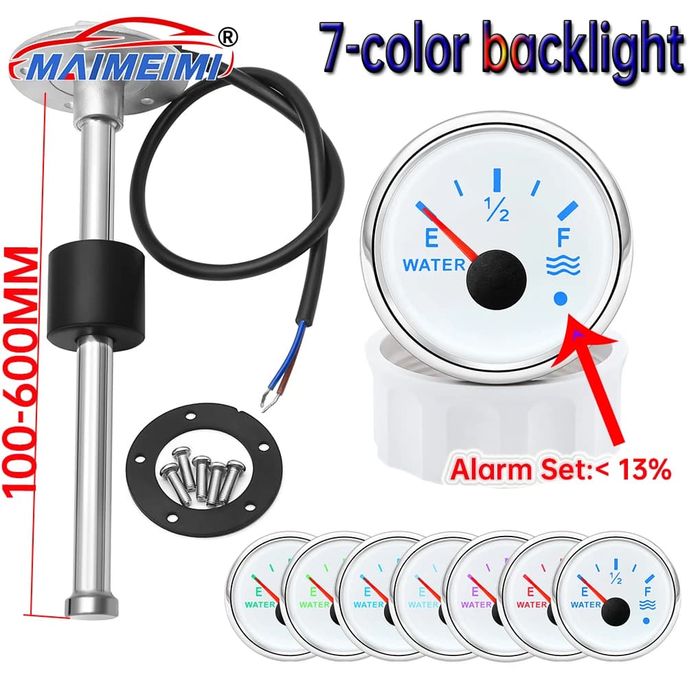 52mm Water Level Gauge 7 Color Backlight with Flash Alarm +100~550mm Water Level Float Sensor 0-190 Ohm Car Gauge for car boat