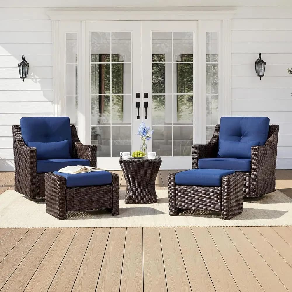 5-Piece Swivel Wicker Patio Furniture Set with Rocking Chairs, Ottomans, Cushions, and Side Table