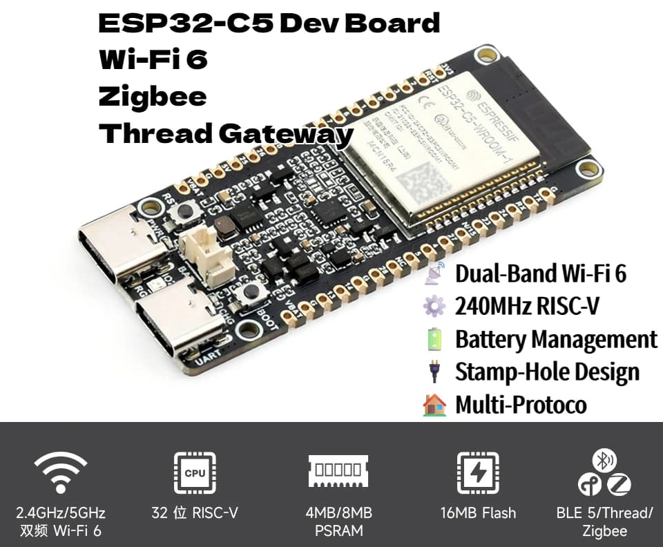 Scheda di sviluppo Wi-Fi 6 e BLE 5 dual-band ESP32-C5, gateway Zigbee/Thread, flash da 16 MB, PSRAM da 8 MB, tipo C, per hub IoT