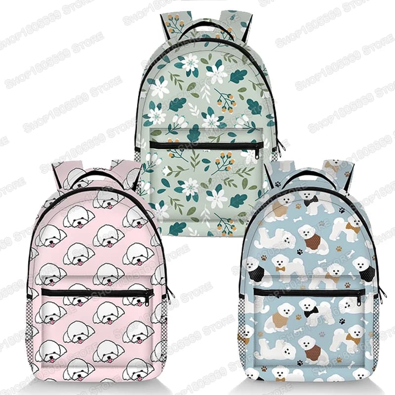 Simpatico zaino con stampa cane Bichon Frise Borse da scuola con motivo floreale piccolo per zaino per laptop alla moda per donne adolescenti