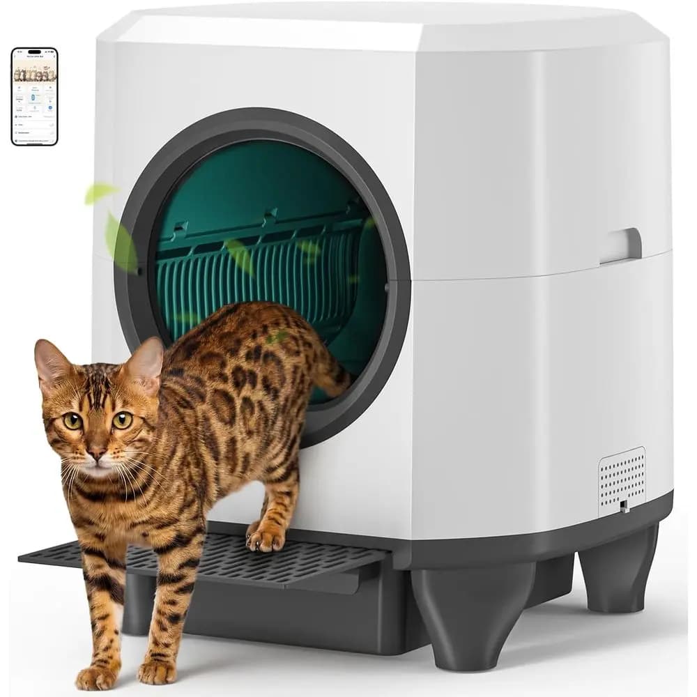 90L Large Automatic Cat Litter Box for Multiple Cats, App-Controlled, Safety Sensor, Odor Control, Includes Trash Bags, White