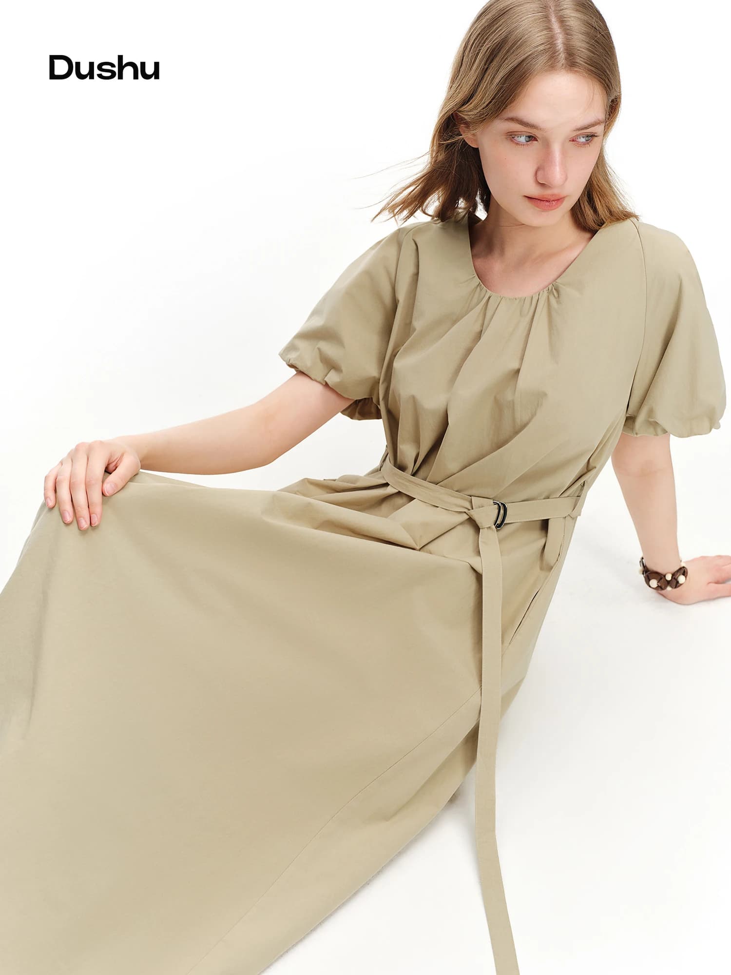 DUSHU Women's 'Cloud Latte' French-Style Relaxed Cotton-Feeling Fitted A-Line Dress Summer 2026 New Arrival 100% Cotton Dresses