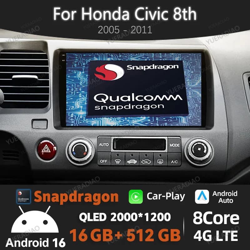 Android 16 Car Radio For Honda Civic 8th 2005 2006 - 2011 Multimedia Video Player Head Unit 4G WIFI QLED GPS NAVI BT Qualcomm