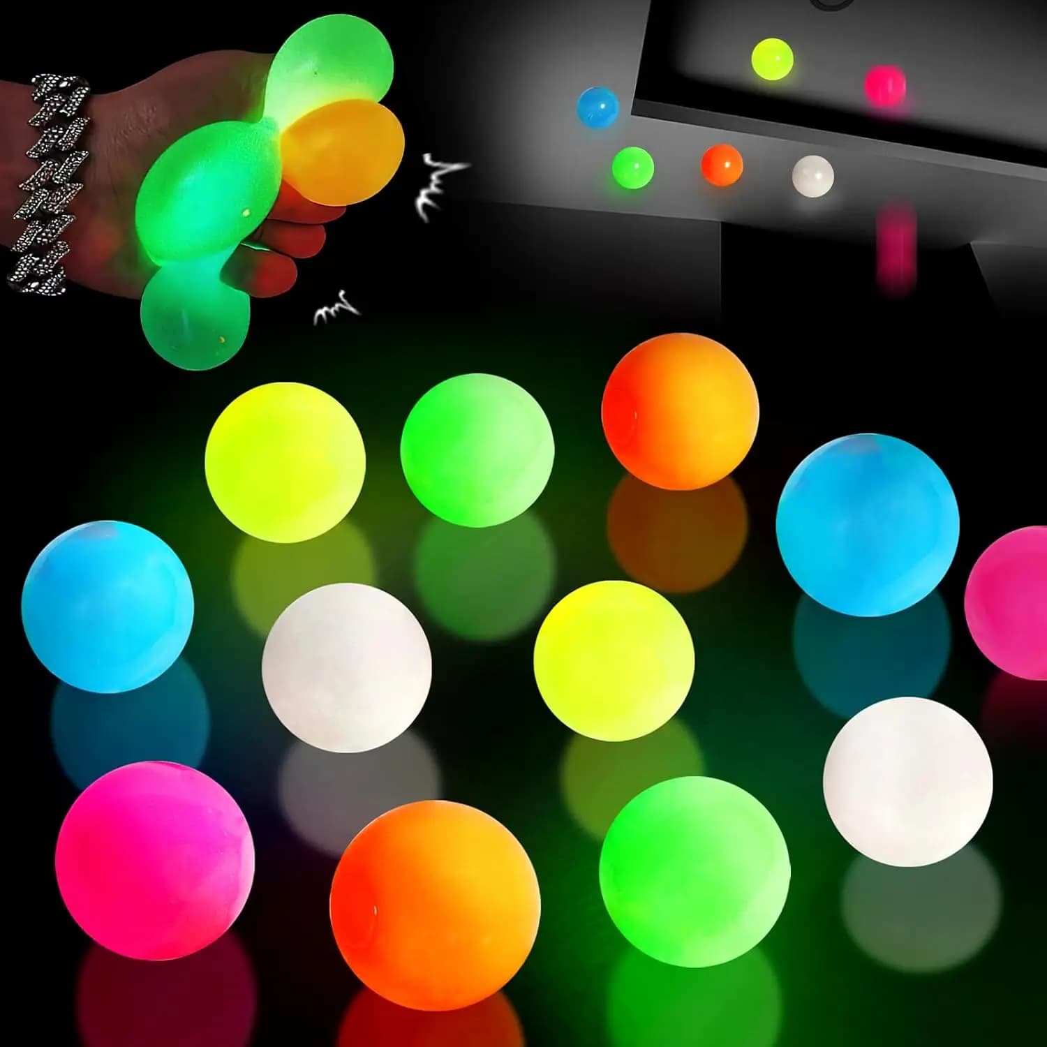 8/12Pcs Glow-in-Dark Sticky Balls, Upgraded Ceiling Glorbs, Soft Washable Fidget Toy, Stress Relief for Kids&Adults Party Gifts