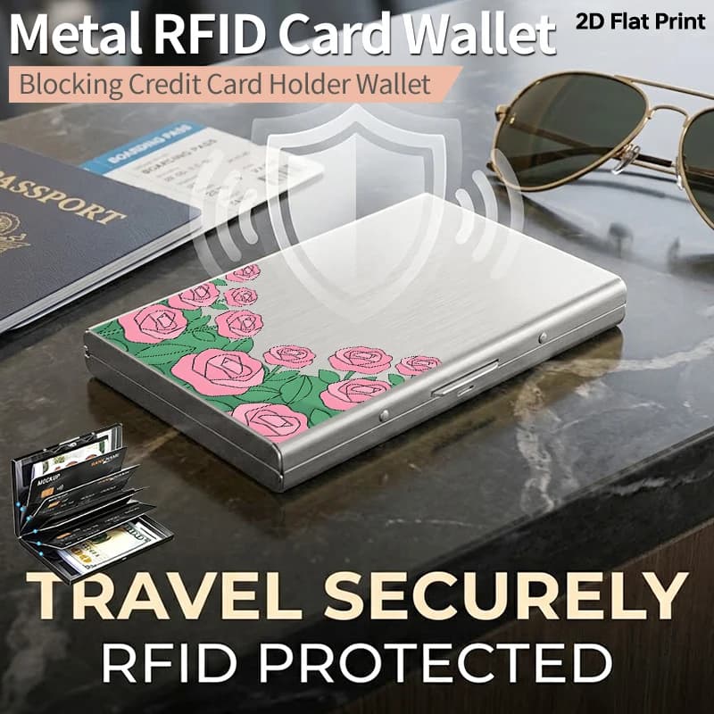 Portacarte in Metallo con Blocco RFID, Motivo Rosa, Porta Carte di Credito Sottile, Portafoglio in Alluminio Antifurto con Apertura Laterale Satinata