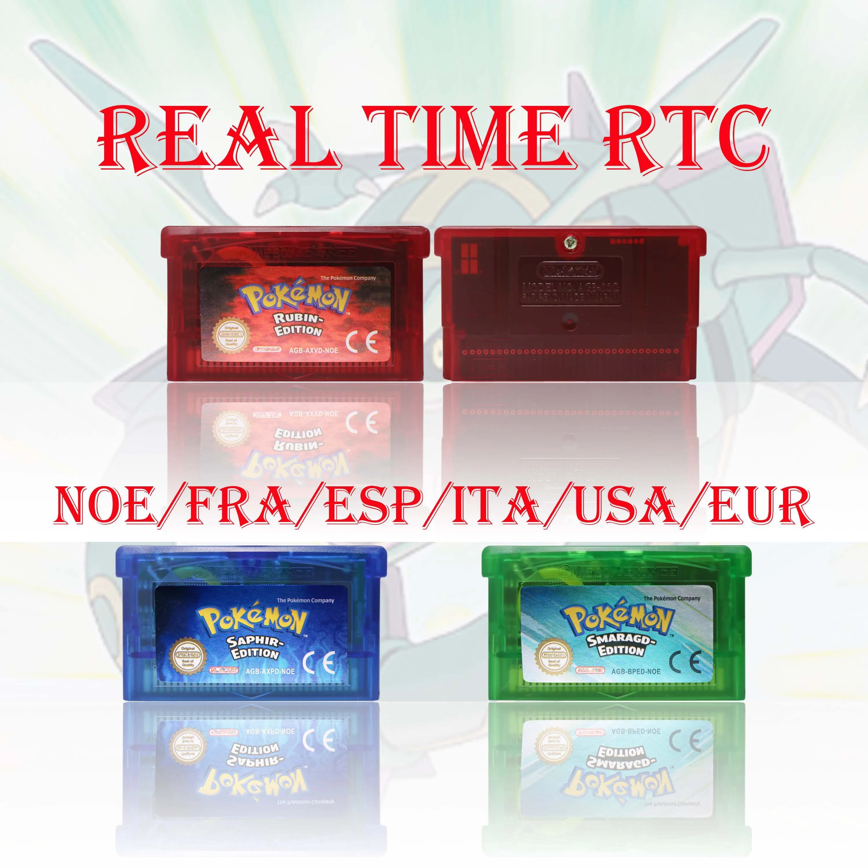 Cartuccia di gioco Pokémon Ruby/Sapphire/Emerald/Fire Red/Leaf Green in tempo reale (RTC) per GBA, scheda di gioco video di alta qualità con batteria