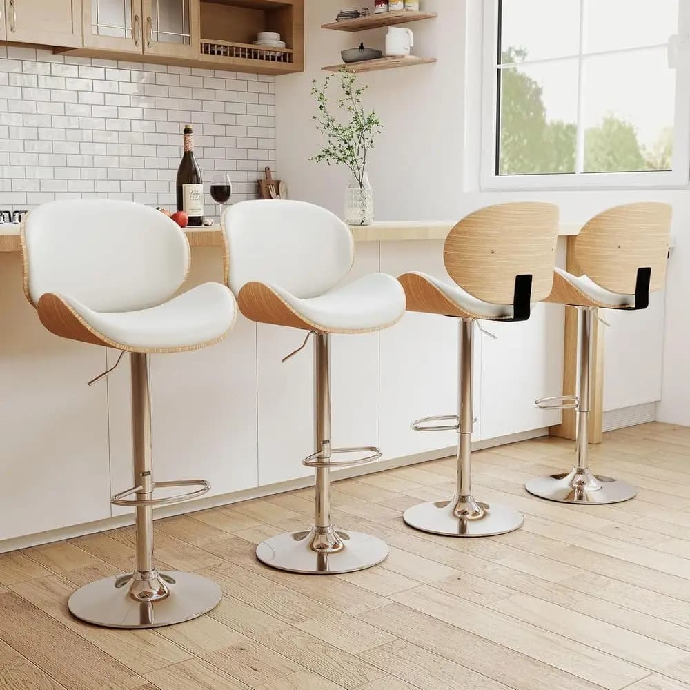 Set di 4 Sgabelli da Bar Girevoli in Pelle PU Bianca con Schienale e Poggiapiedi, Regolabili per Altezza Bancone e Isola Cucina