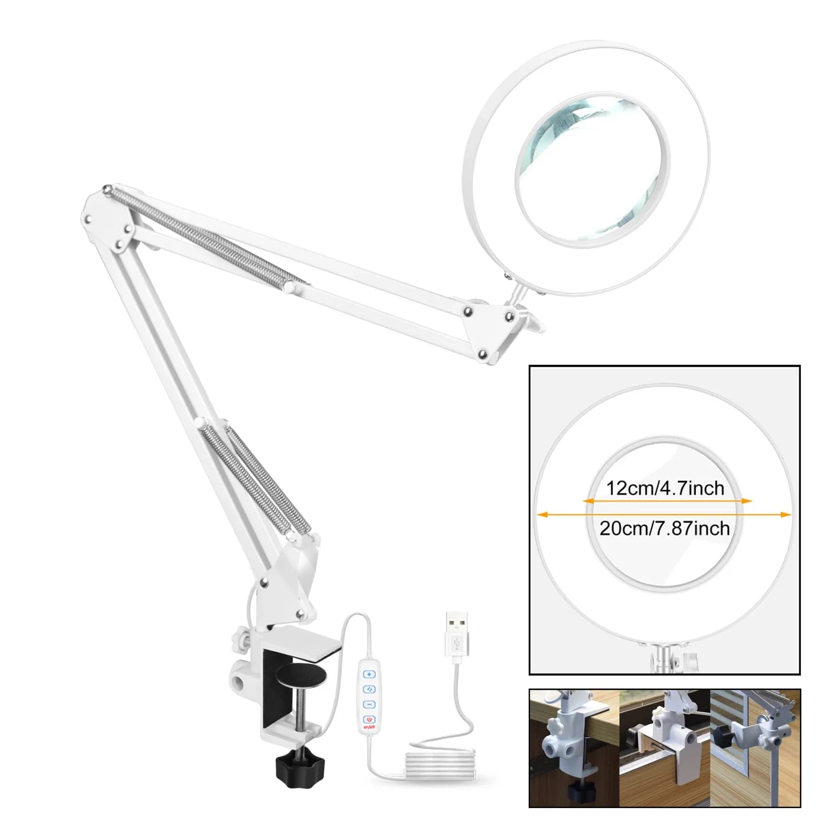 Lente d'ingrandimento 5X grande da 120 mm con lampada da tavolo per saldatura di terze mani con luce a LED a 3 colori per lavori di saldatura/lettura e chiusura