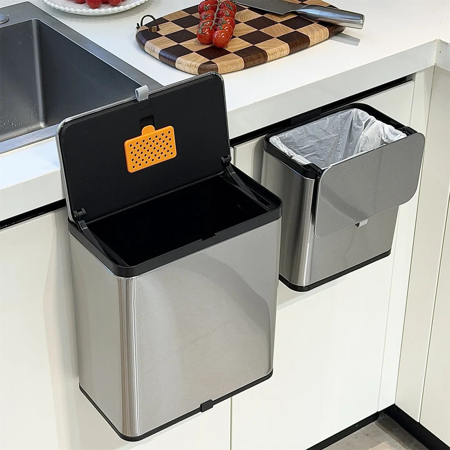 Contenitori per Rifiuti da Cucina in Acciaio Inox, Montabili a Parete o su Porta dell'Armadio, per Casa e Cucina